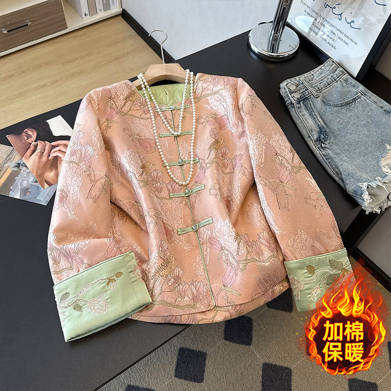 新中式夹棉外套女冬季复古盘扣加厚棉衣重工刺绣国风棉服棉花棉袄