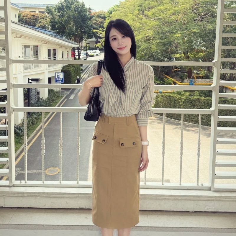 小香风套装裙女春秋季韩系穿搭条纹衬衫上衣包臀半身长裙子一整套
