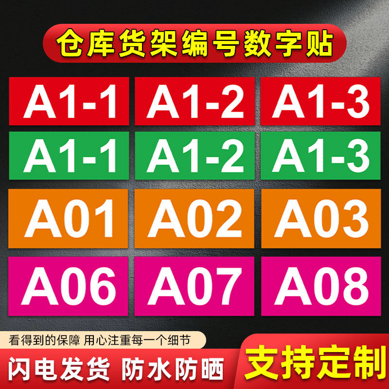 工厂仓库货架编号数字号码牌贴纸车间机器编号物料库位英文分区标识贴楼层分区类大小号标签自粘定制