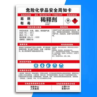 稀释剂安全周知卡MSDS危险化学品安全周知卡仓库警示牌告示牌职业危害告知卡标志技术说明书危化品标识标签r