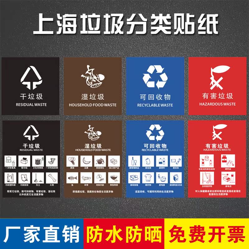 上海垃圾分类贴纸标识2020新版提示贴干湿垃圾标识贴可物垃圾有害垃圾易腐垃圾警示标志厨余垃圾箱贴纸