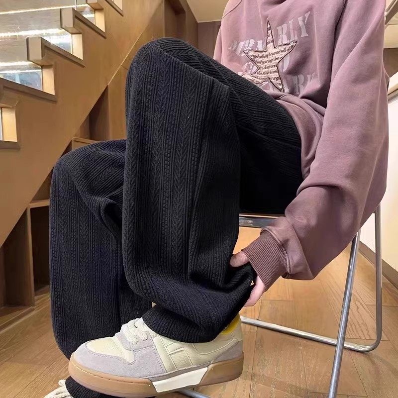 麦穗纹休闲裤男士冬季加绒男款2025新款阔腿裤男生直筒运动长裤子