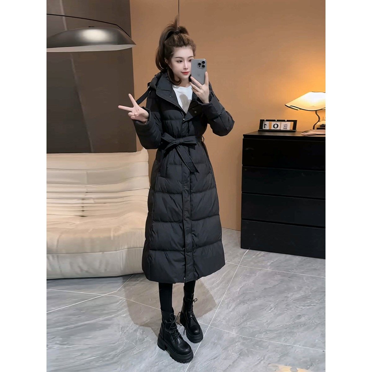 长款羽绒服女2025年新款冬季收腰显瘦系带长过膝小个子白鸭绒外套