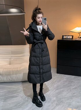 长款羽绒服女2025年新款冬季收腰显瘦系带长过膝小个子白鸭绒外套