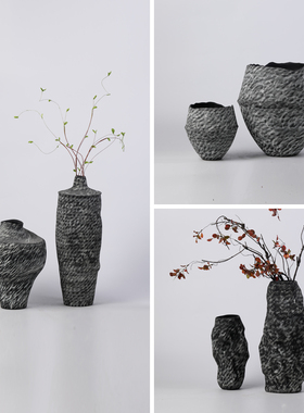 新中式黑色陶瓷复古怀旧花瓶售楼处酒店民宿客栈玄关桌面插干花器