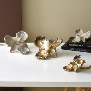 印度进口金银色花型铝制烛台摆件家居客厅餐桌样板间蜡烛台装 饰品