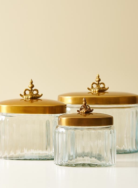 黄铜收纳罐客厅黄铜盖玻璃罐摆件