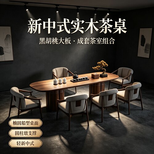 新中式黑胡桃木榫卯茶台定制