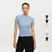 t恤女夏美式 Oneup天丝亚麻修身 短袖 正肩纯色休闲运动亲肤透气上衣