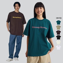 WassupHouse潮牌印花短袖t恤男女纯棉美式情侣装白色内搭上衣夏季