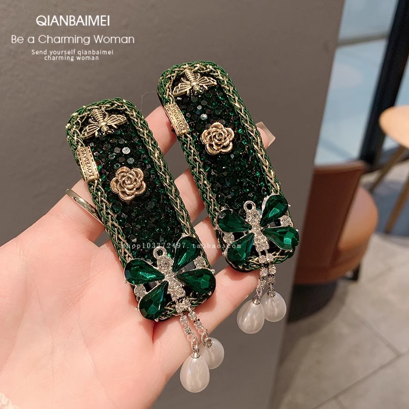 复古祖母绿满钻花朵发夹水钻流苏珍珠掰掰夹网红轻奢刘海夹发饰品