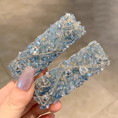 高级感轻奢满钻蓝色闪钻链条发夹