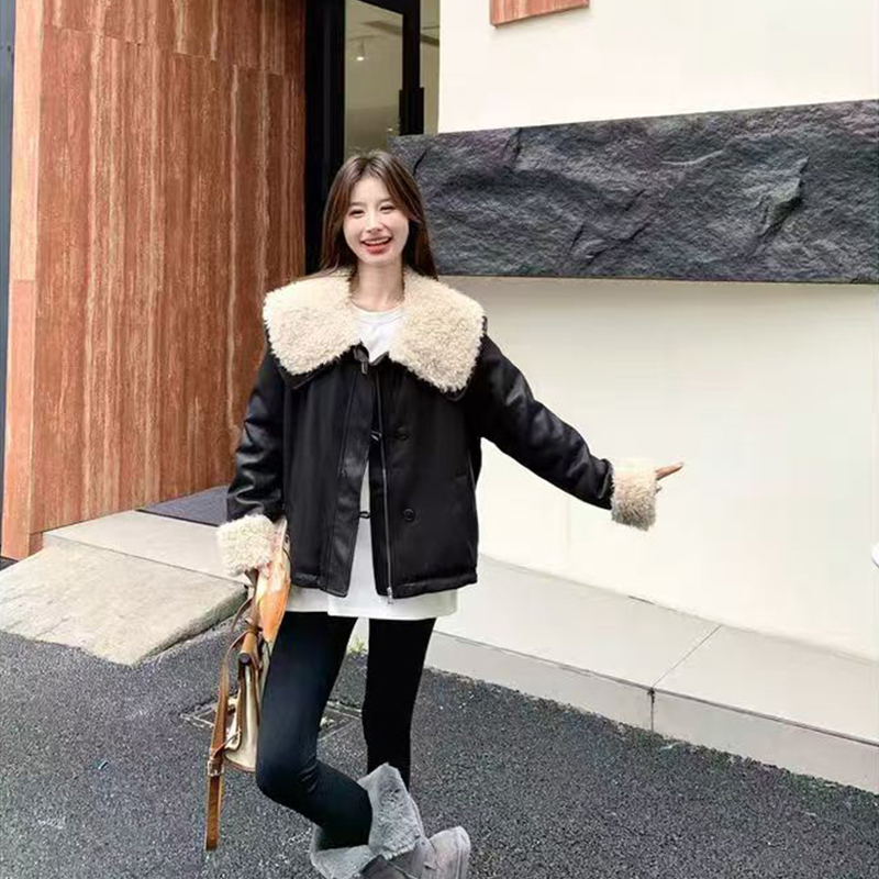 实体档口美拉德色系皮衣外套女加绒加厚冬季小个子大翻领pu派克服