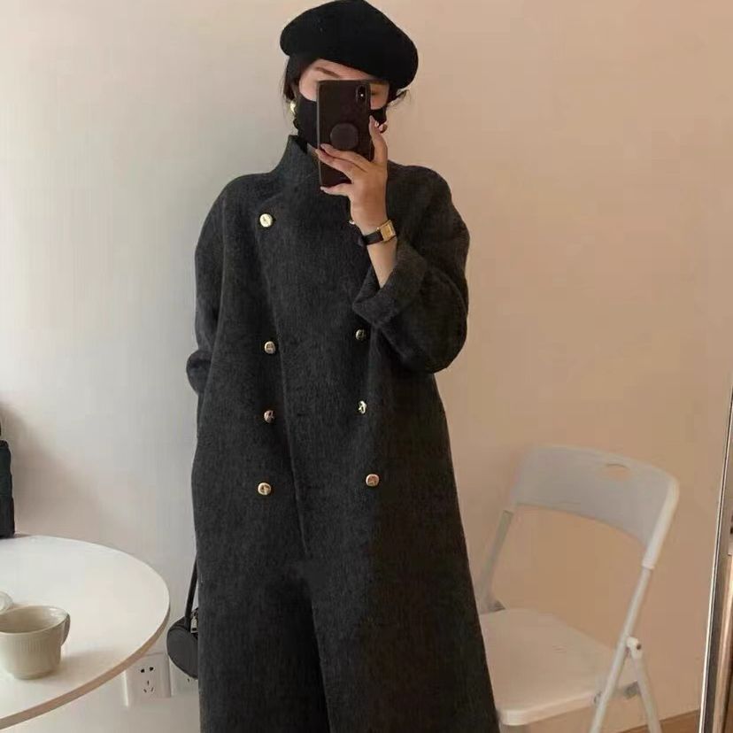 简约深灰色毛呢外套女冬季2025新款时尚双排扣过膝中长款呢子大衣
