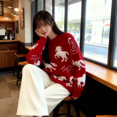 新年红色毛衣女秋冬季本命年加厚打底衫宽松针织衫上衣内搭可外穿