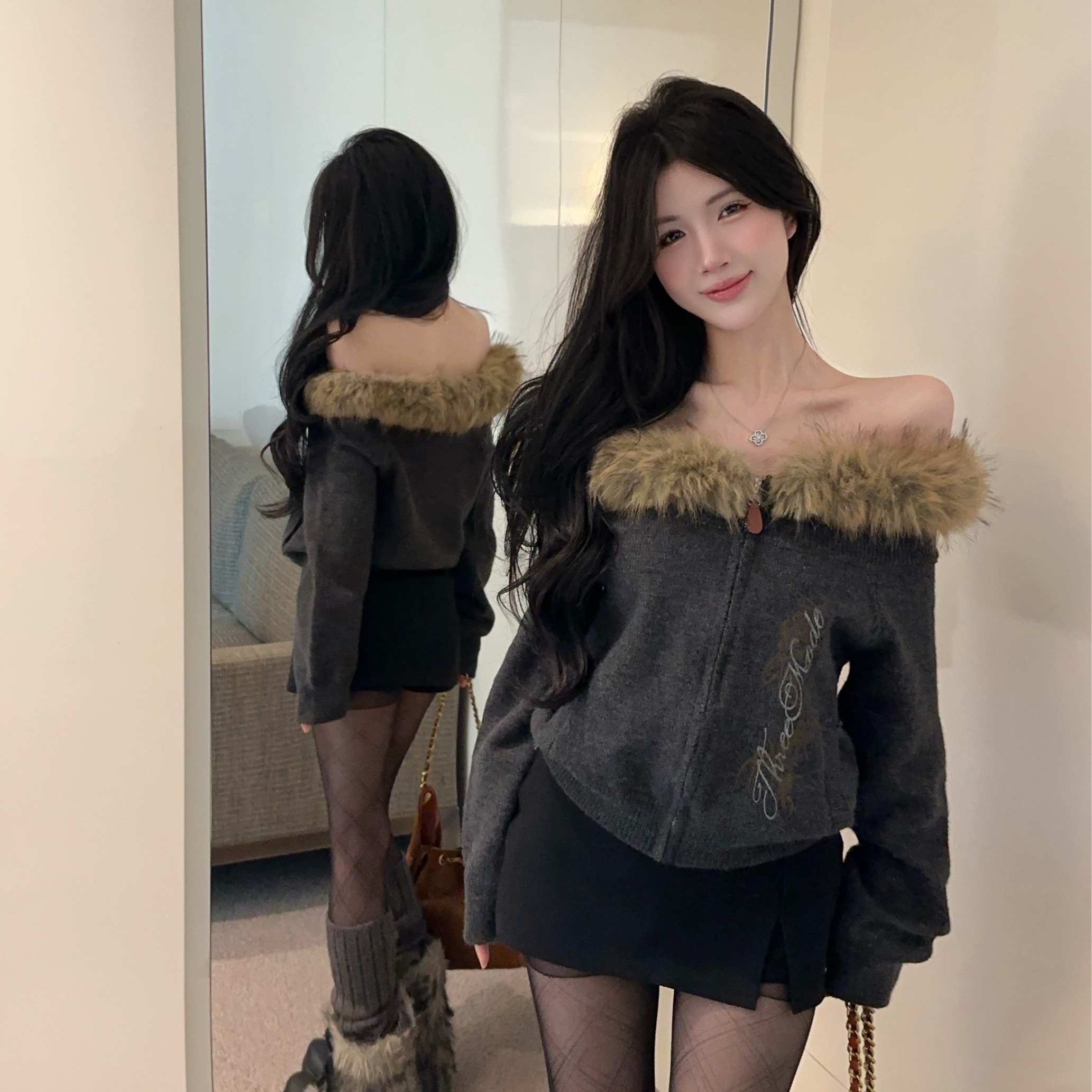 实价实拍毛毛领一字肩拉链美式辣妹针织开衫上衣秋冬时尚长袖开衫