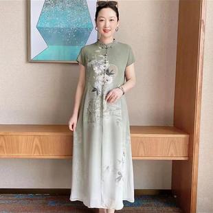 中国风连衣裙高贵真丝雪纺过膝中长裙夏 母亲节衣服中老年女妈妈装