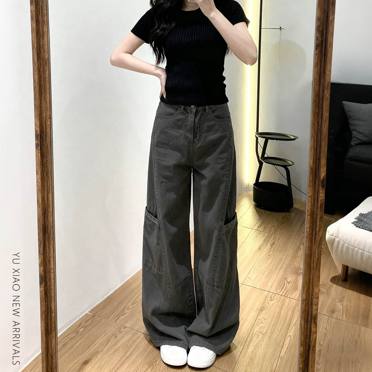 美式灰色牛仔工装裤女夏季新款梨型身材宽松大尺码胖mm显瘦阔腿裤