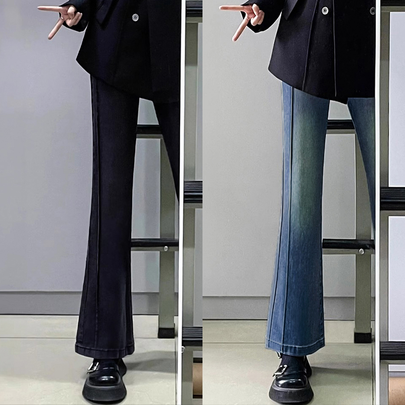 梨形身材弹力微喇牛仔裤女秋季新款高腰胖mm显瘦大码九分喇叭裤子