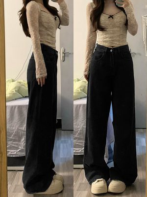 黑色宽松直筒牛仔裤女秋季新款高腰梨形身材大码显瘦胖mm阔腿裤子