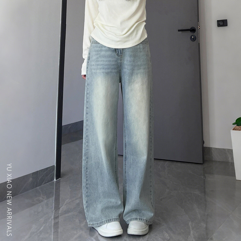 浅色阔腿牛仔裤女冬季加绒加厚宽松胖mm大码梨形身材显瘦直筒裤子
