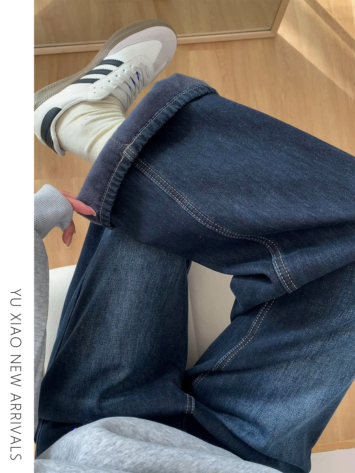 蓝灰色阔腿牛仔裤女秋冬加绒加厚梨型身材大码显瘦胖mm宽松直筒裤