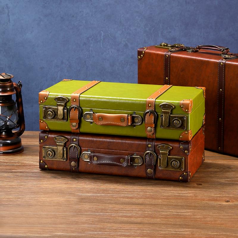 高档复古手提箱精致收纳箱老式皮箱子大容量衣物整理储物木箱摆件