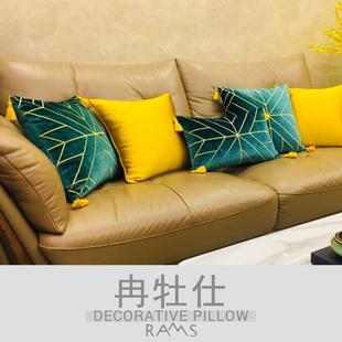轻奢样板房沙发抱枕套 简约现代几何绿蓝色丝绒床头靠背腰靠垫欧式