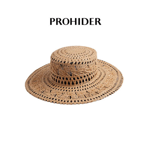 PROHIDER颇嗨 夏新款法式复古纯手工花纹编织平顶草帽遮阳防晒帽