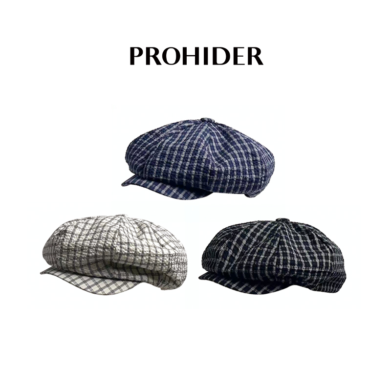 日系复古夏季透气格纹八角帽