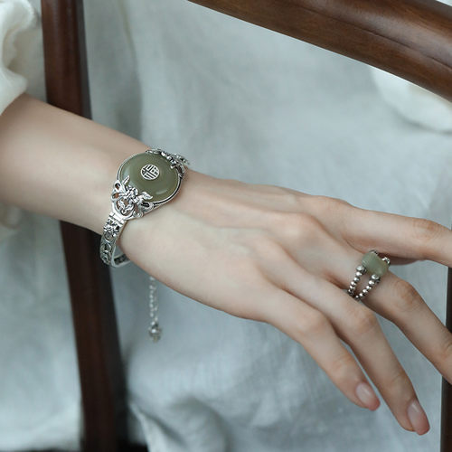 925银新中式和田平安扣手镯戒指