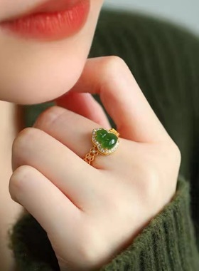925银复古新中式古金和田碧玉葫芦戒指环开口调节小众设计高级感