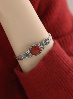 925银复古新中式蛋面南红手镯女