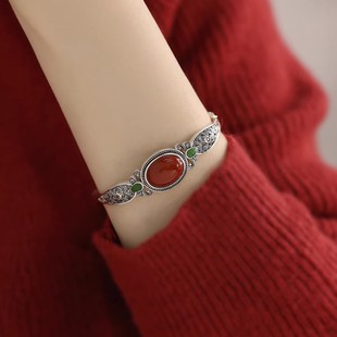 925银复古新中式蛋面南红手镯民族风镂空卷草纹做旧女士复古百搭