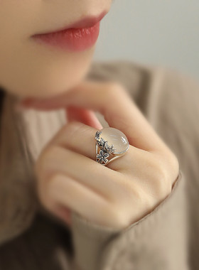 925银复古新中式花朵叶子蛋面玉髓戒指环开口调节民族风女高级感