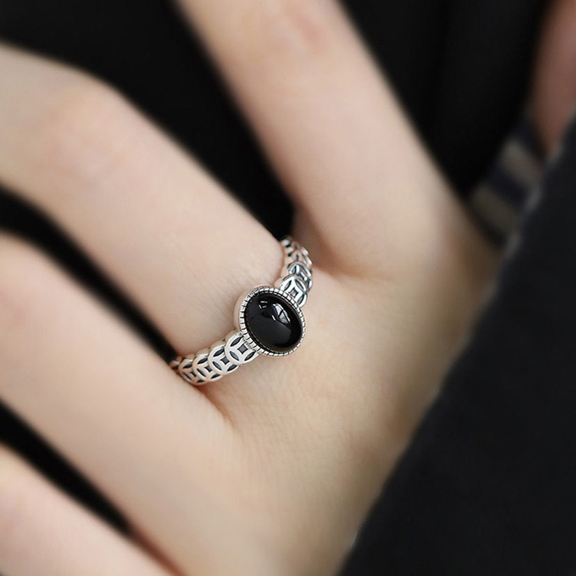 925银复古新中式黑玛瑙蛋面铜钱币戒指环开口调节小众设计高级感,饰品/流行首饰/时尚饰品新,戒指/指环,淘宝优惠券,粉丝福利购,淘宝优惠卷