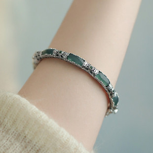 925银新中式无事牌手镯子开口蓝水翡翠民族风女花丝镂空小众高级