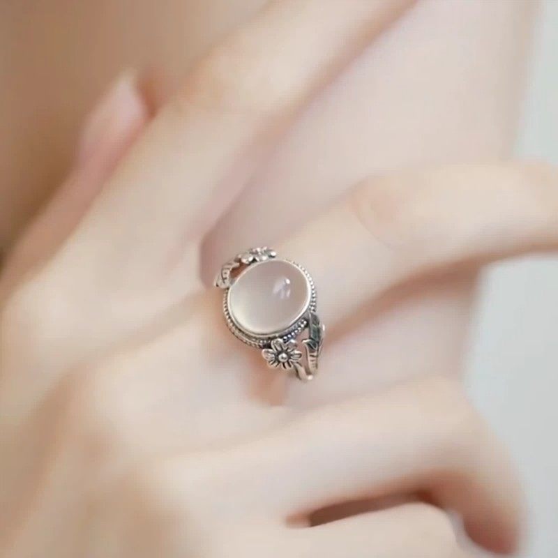 925银复古新中式蛋面玉髓戒指环开口调节女士简约小众设计高级感,饰品/流行首饰/时尚饰品新,戒指/指环,淘宝优惠券,粉丝福利购,淘宝优惠卷