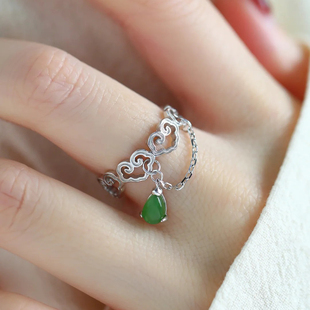 925银复古新中式祥云如意水滴链条戒指环开口调节小众设计高级感