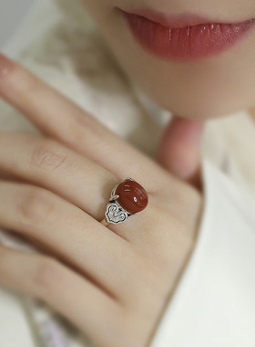 925银复古新中式荷叶莲蓬蛋面南红戒指环开口调节民族风女高级感