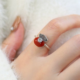 925银复古新中式福袋铜钱戒指环开口调节南红女士小众设计高级感