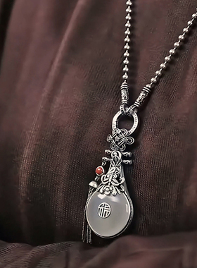 925银复古新中式和田玉琵琶吊坠毛衣链项链百搭做旧简约高级感女