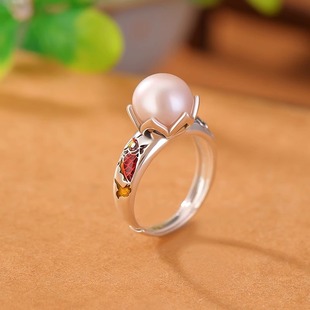 新中式复古风国潮景泰蓝鲤鱼祥云圆珠戒指环中国风珐琅开口可调节