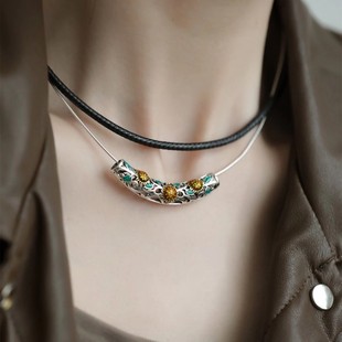 925银复古新中式弯管太阳花向日葵吊坠项链女简约小众设计高级感