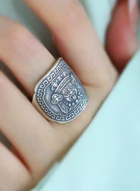 925银复古新中式宽版扎基拉姆大戒指环开口调节女小众设计高级感