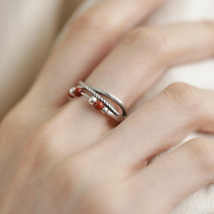 925银复古新中式路路通转运珠戒指环南红玛瑙可移动三层开口调节