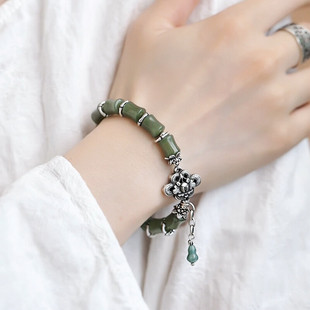 925银复古新中式牡丹花竹节和田玉手链翡翠葫芦女小众设计高级感
