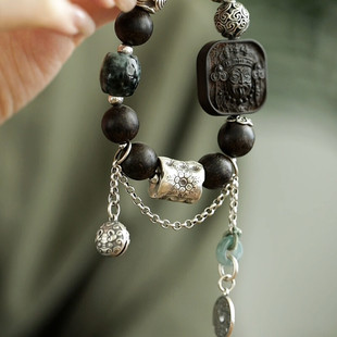 925银复古新中式山鬼牌黑檀木沉香扎基拉姆弹力绳手串手链高级感