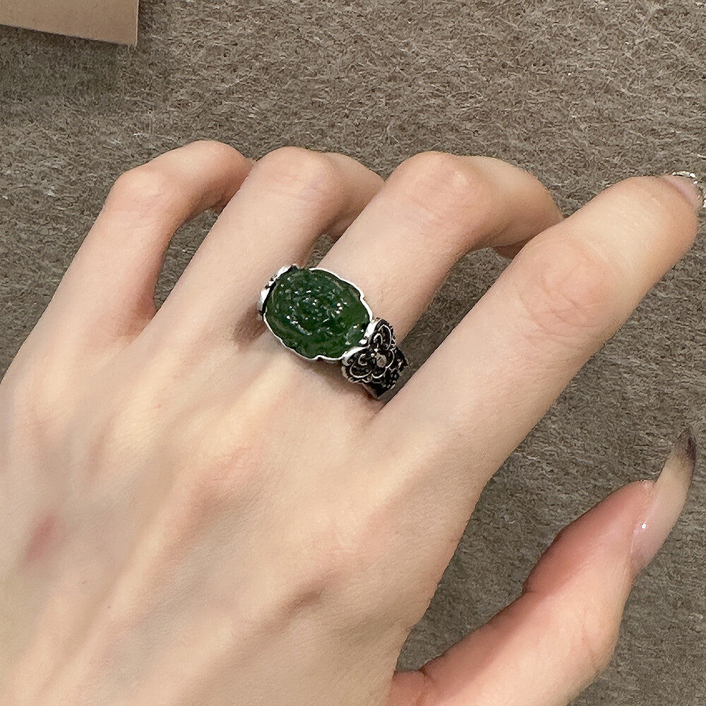 925银和田碧玉牡丹花蝴蝶戒指环图片