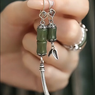 925银复古新中式竹节节高升不对称耳环和田青玉女小众设计高级感